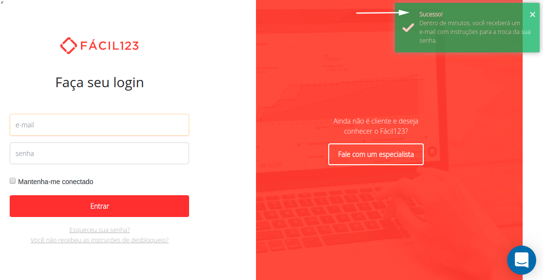 Tela esqueci minha senha - e-mail enviado com sucesso