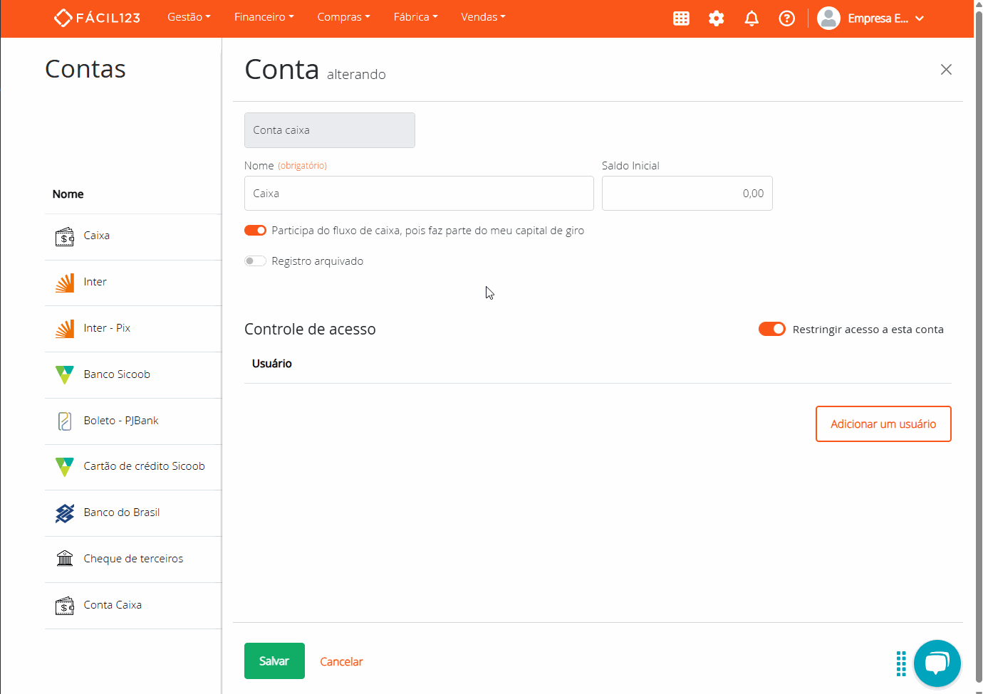 Incluir acesso às contas bancárias